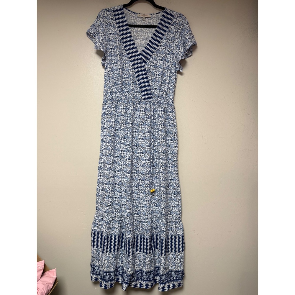 Casa Cabana Maxi Dress Womens Medium Blue White Floral Rayon Excellent Boho Tier
